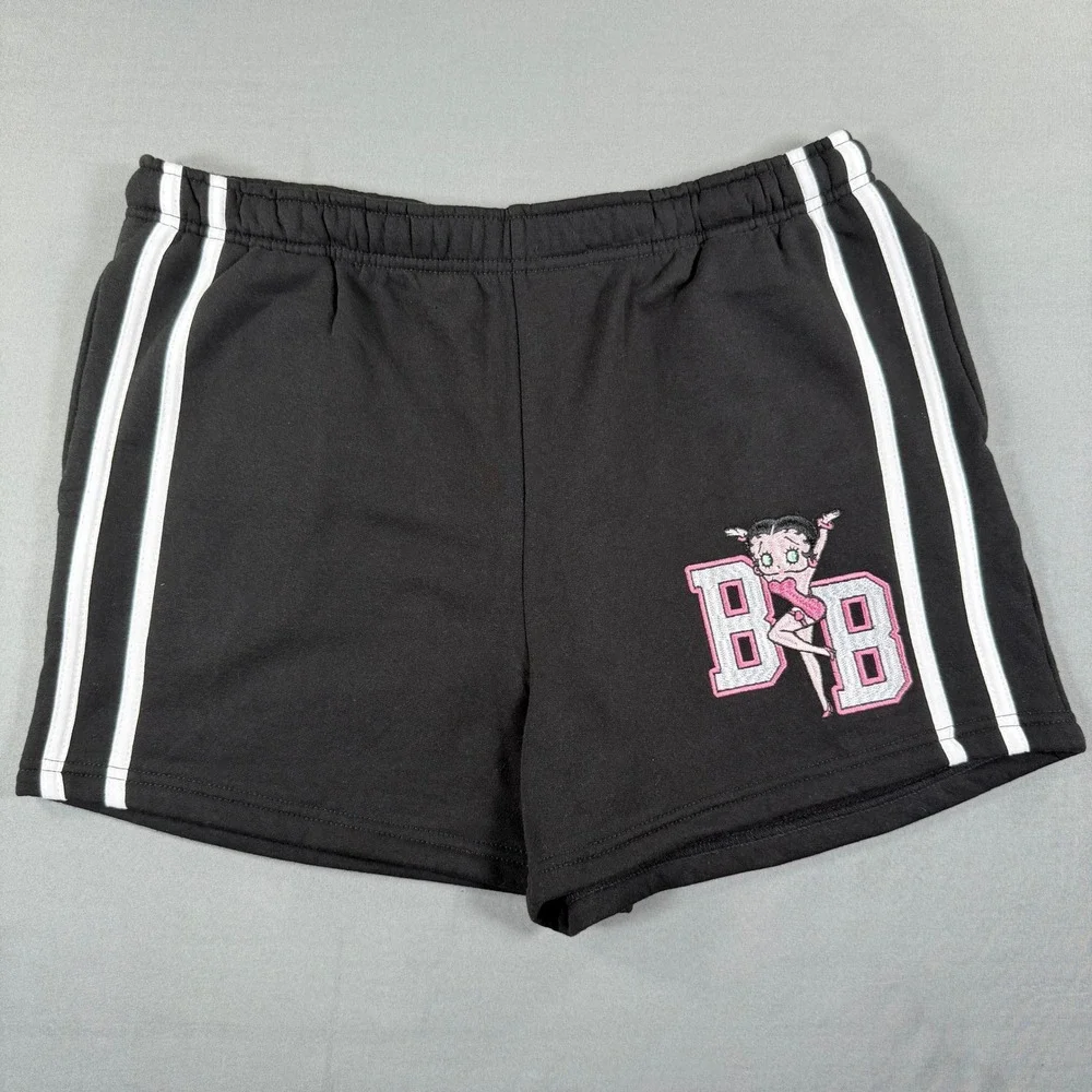 Betty Boop Women's Shorts Large 12/14 Black Pink Varsity Stripe Embroidered